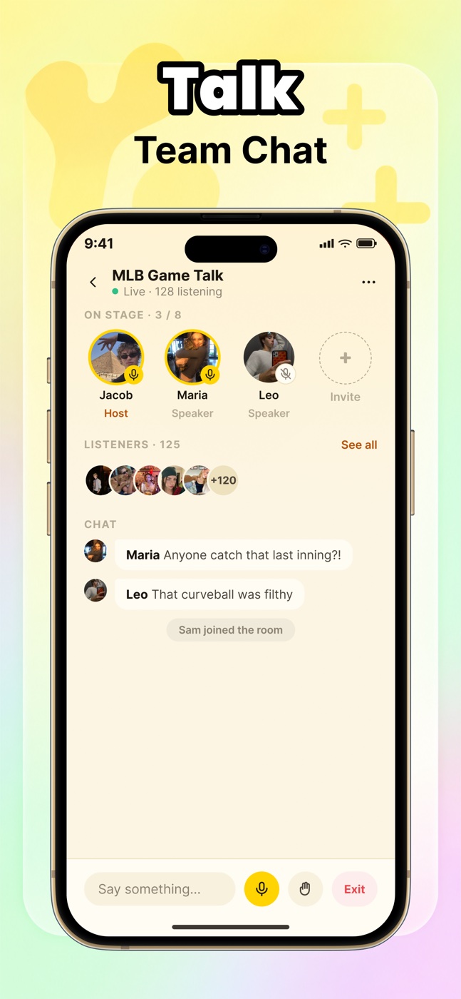 Uimua promotional image showing a baseball voice room with speakers and chat