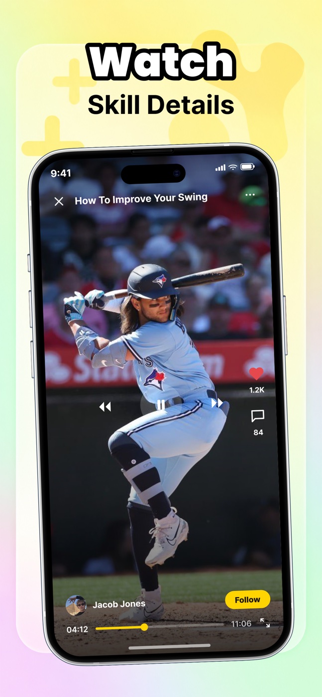 Uimua promotional image showing a baseball skill video and community reactions